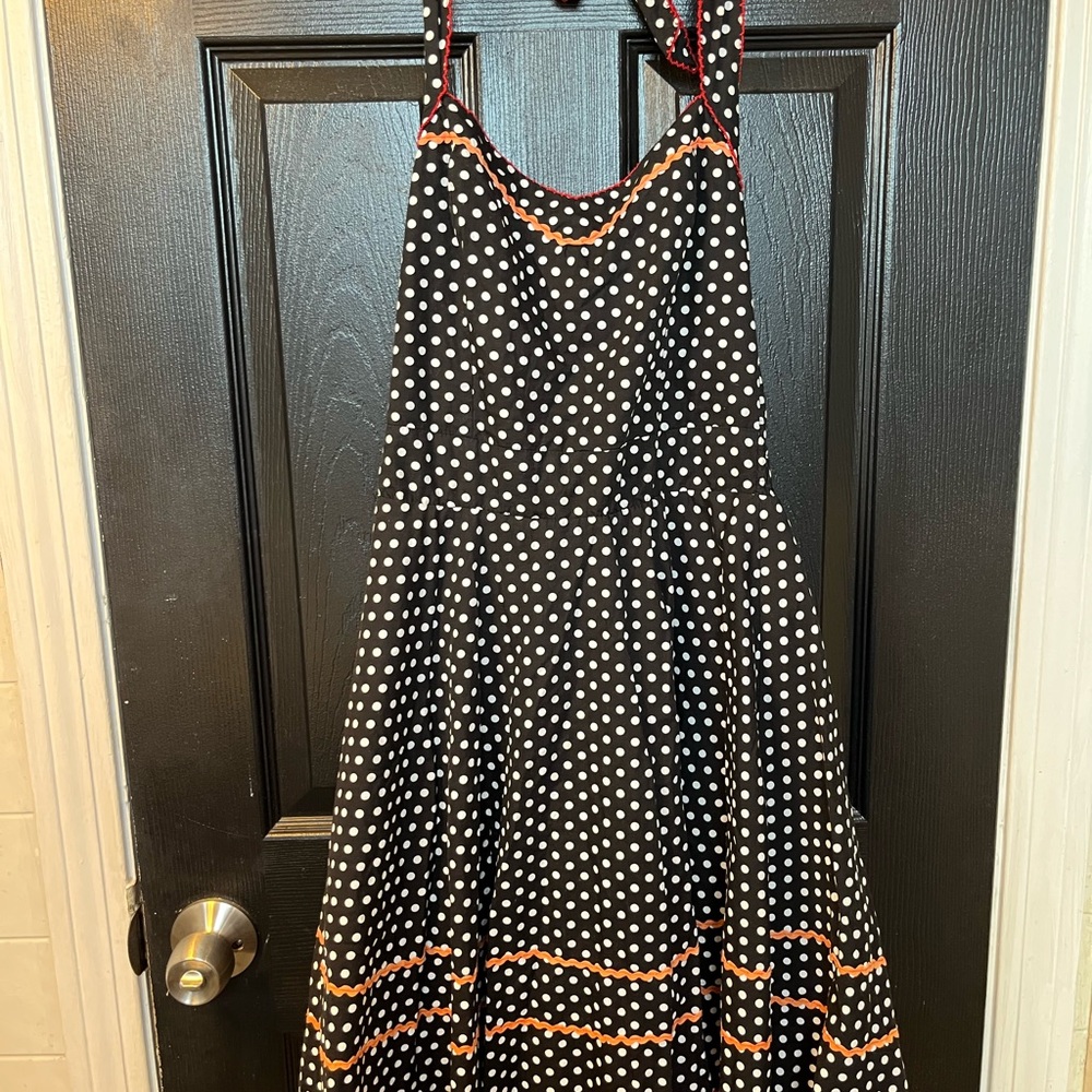 Friday on My Mind Halter Dress size 10. Polka Dot Midi Dress with Red Tullle